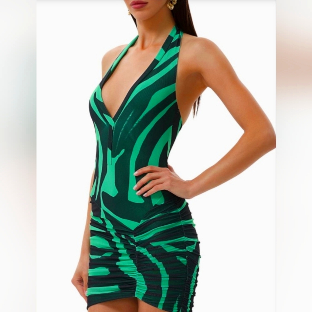 AFRM Green and Black Zebra Patterned Halter Mesh Mini Dress